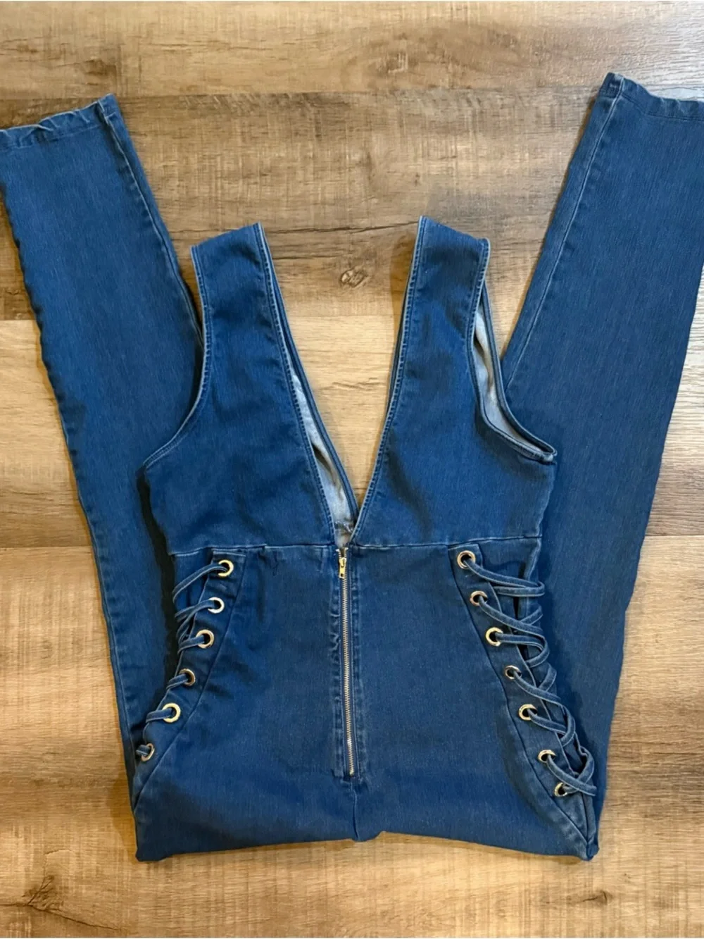 C’EST TOI Denim Laced Sides V-Neck Stretch  Jumpsuit  Size XL - Picture 14 of 14